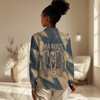 Maahes Ancient Egyptian Women Casual Shirt Geometric Pattern Winged Lion Deity, and Sacred Lotus Motif - Wonder Print Shop