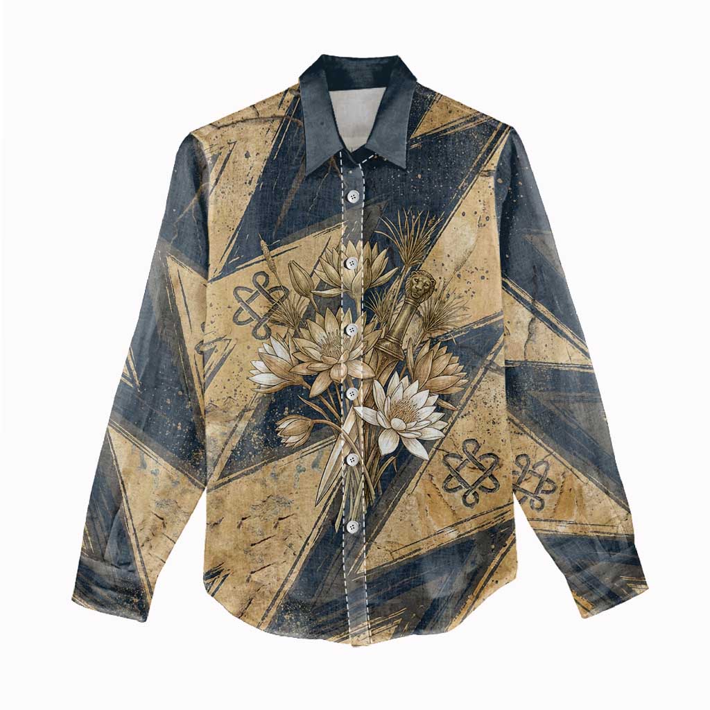 Maahes Ancient Egyptian Women Casual Shirt Geometric Pattern Winged Lion Deity, and Sacred Lotus Motif - Wonder Print Shop