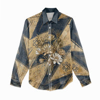 Maahes Ancient Egyptian Women Casual Shirt Geometric Pattern Winged Lion Deity, and Sacred Lotus Motif - Wonder Print Shop