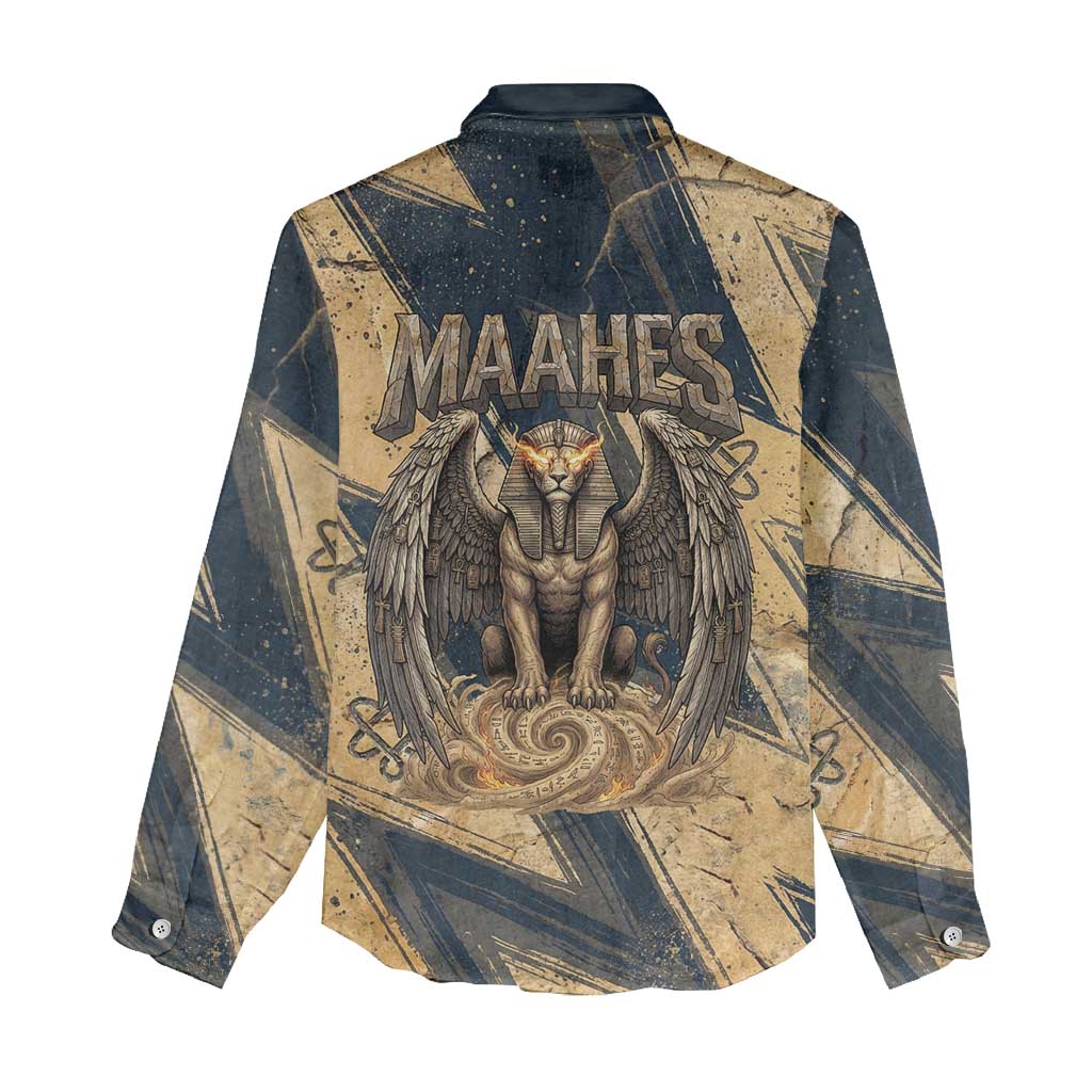 Maahes Ancient Egyptian Women Casual Shirt Geometric Pattern Winged Lion Deity, and Sacred Lotus Motif - Wonder Print Shop