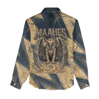Maahes Ancient Egyptian Women Casual Shirt Geometric Pattern Winged Lion Deity, and Sacred Lotus Motif - Wonder Print Shop