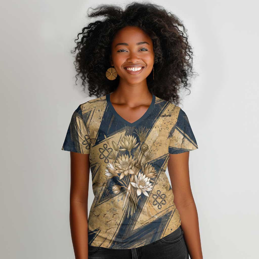 Maahes Ancient Egyptian Women V-Neck T-Shirt Geometric Pattern Winged Lion Deity, and Sacred Lotus Motif - Wonder Print Shop