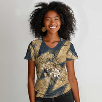 Maahes Ancient Egyptian Women V-Neck T-Shirt Geometric Pattern Winged Lion Deity, and Sacred Lotus Motif - Wonder Print Shop