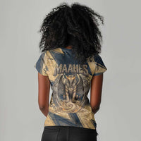 Maahes Ancient Egyptian Women V-Neck T-Shirt Geometric Pattern Winged Lion Deity, and Sacred Lotus Motif - Wonder Print Shop