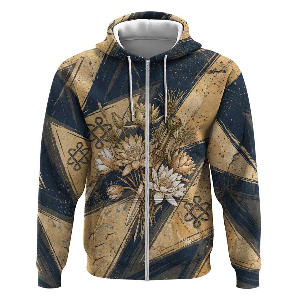 Maahes Ancient Egyptian Zip Hoodie Geometric Pattern Winged Lion Deity, and Sacred Lotus Motif - Wonder Print Shop