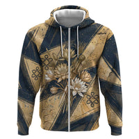 Maahes Ancient Egyptian Zip Hoodie Geometric Pattern Winged Lion Deity, and Sacred Lotus Motif - Wonder Print Shop
