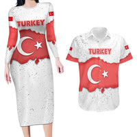 Turkey Flag Map Red and White Couples Matching Long Sleeve Bodycon Dress and Hawaiian Shirt with National Symbol