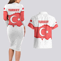 Turkey Flag Map Red and White Couples Matching Long Sleeve Bodycon Dress and Hawaiian Shirt with National Symbol