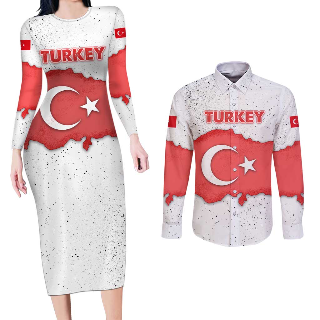 Turkey Flag Map Red and White Couples Matching Long Sleeve Bodycon Dress and Long Sleeve Button Shirt with National Symbol
