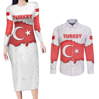 Turkey Flag Map Red and White Couples Matching Long Sleeve Bodycon Dress and Long Sleeve Button Shirt with National Symbol