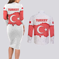 Turkey Flag Map Red and White Couples Matching Long Sleeve Bodycon Dress and Long Sleeve Button Shirt with National Symbol