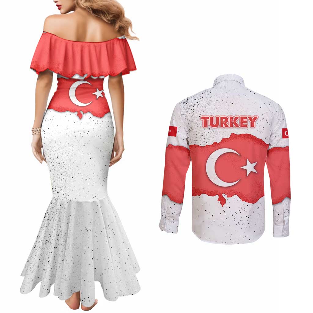 Turkey Flag Map Red and White Couples Matching Mermaid Dress and Long Sleeve Button Shirt with National Symbol