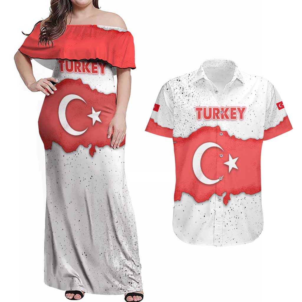 Turkey Flag Map Red and White Couples Matching Off Shoulder Maxi Dress and Hawaiian Shirt with National Symbol