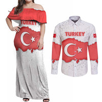 Turkey Flag Map Red and White Couples Matching Off Shoulder Maxi Dress and Long Sleeve Button Shirt with National Symbol