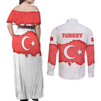 Turkey Flag Map Red and White Couples Matching Off Shoulder Maxi Dress and Long Sleeve Button Shirt with National Symbol