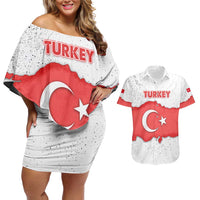 Turkey Flag Map Red and White Couples Matching Off Shoulder Short Dress and Hawaiian Shirt with National Symbol