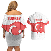 Turkey Flag Map Red and White Couples Matching Off Shoulder Short Dress and Hawaiian Shirt with National Symbol