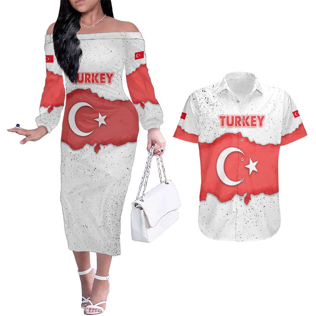 Turkey Flag Map Red and White Couples Matching Off The Shoulder Long Sleeve Dress and Hawaiian Shirt with National Symbol