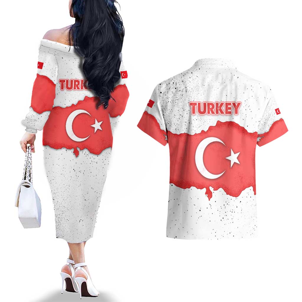Turkey Flag Map Red and White Couples Matching Off The Shoulder Long Sleeve Dress and Hawaiian Shirt with National Symbol