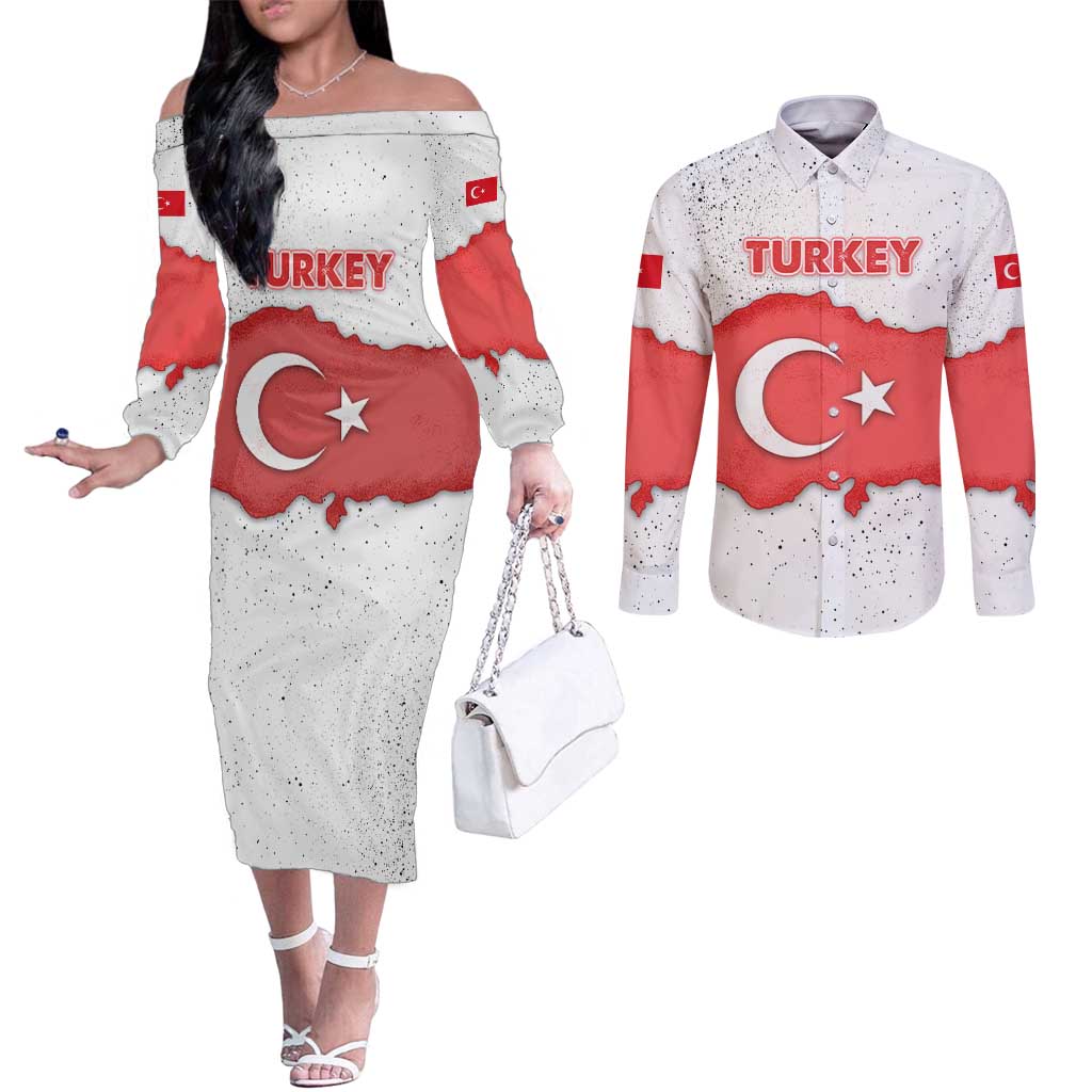 Turkey Flag Map Red and White Couples Matching Off The Shoulder Long Sleeve Dress and Long Sleeve Button Shirt with National Symbol