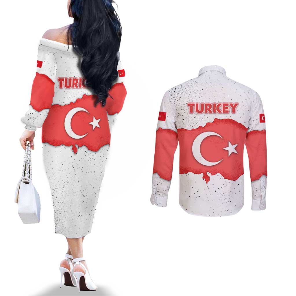 Turkey Flag Map Red and White Couples Matching Off The Shoulder Long Sleeve Dress and Long Sleeve Button Shirt with National Symbol