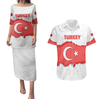 Turkey Flag Map Red and White Couples Matching Puletasi and Hawaiian Shirt with National Symbol