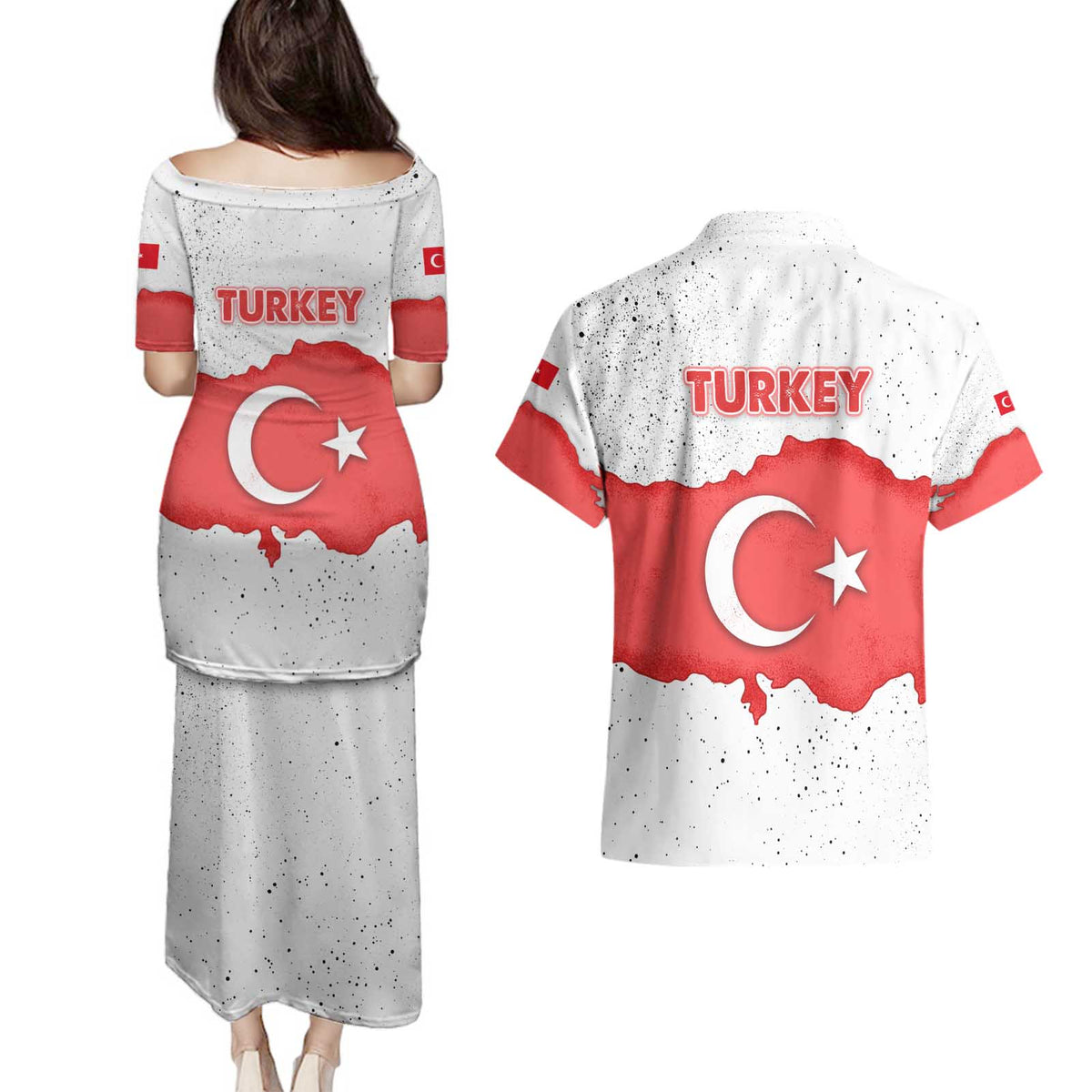 Turkey Flag Map Red and White Couples Matching Puletasi and Hawaiian Shirt with National Symbol