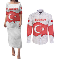 Turkey Flag Map Red and White Couples Matching Puletasi and Long Sleeve Button Shirt with National Symbol