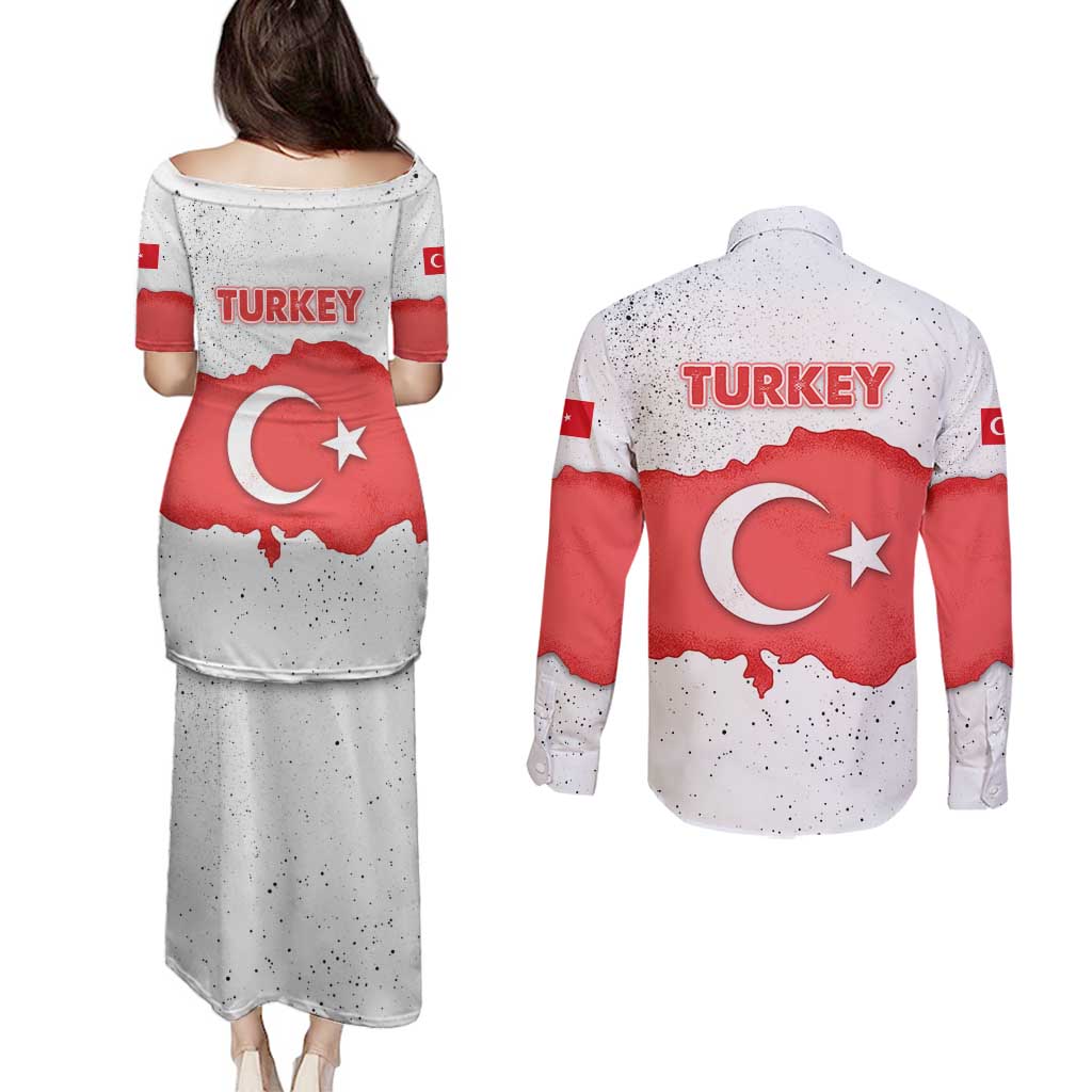 Turkey Flag Map Red and White Couples Matching Puletasi and Long Sleeve Button Shirt with National Symbol