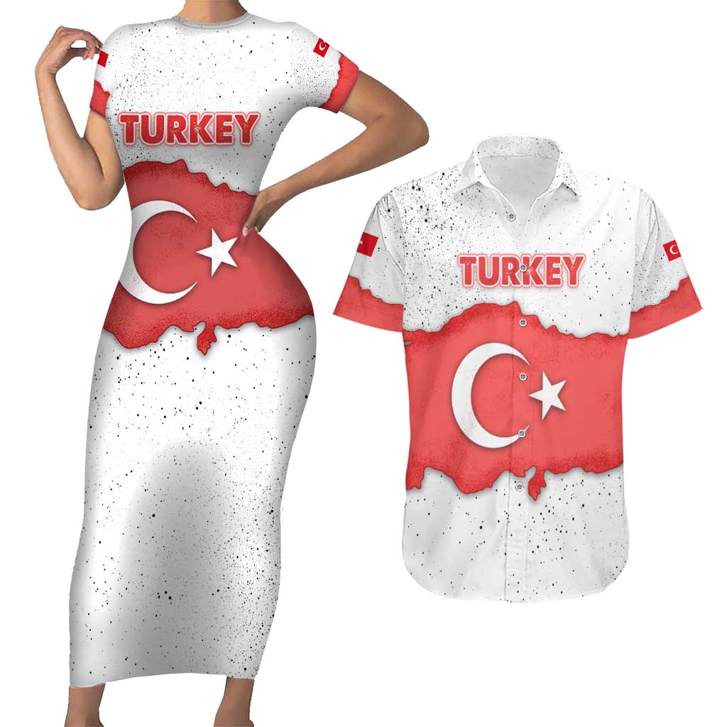 Turkey Flag Map Red and White Couples Matching Short Sleeve Bodycon Dress and Hawaiian Shirt with National Symbol