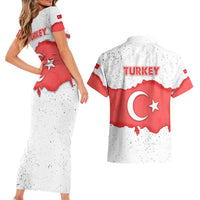 Turkey Flag Map Red and White Couples Matching Short Sleeve Bodycon Dress and Hawaiian Shirt with National Symbol