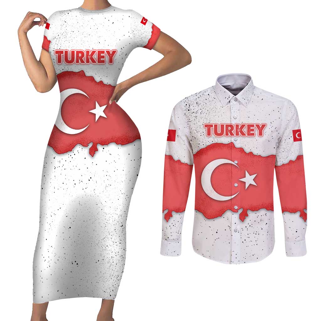 Turkey Flag Map Red and White Couples Matching Short Sleeve Bodycon Dress and Long Sleeve Button Shirt with National Symbol