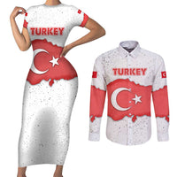 Turkey Flag Map Red and White Couples Matching Short Sleeve Bodycon Dress and Long Sleeve Button Shirt with National Symbol