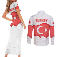 Turkey Flag Map Red and White Couples Matching Short Sleeve Bodycon Dress and Long Sleeve Button Shirt with National Symbol