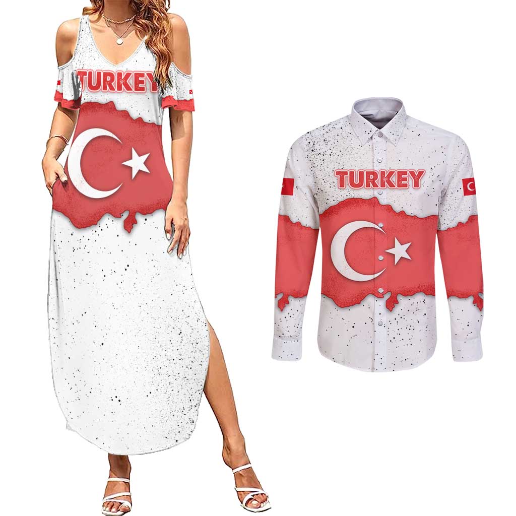 Turkey Flag Map Red and White Couples Matching Summer Maxi Dress and Long Sleeve Button Shirt with National Symbol