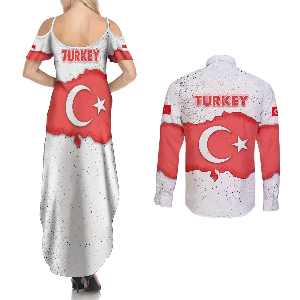 Turkey Flag Map Red and White Couples Matching Summer Maxi Dress and Long Sleeve Button Shirt with National Symbol