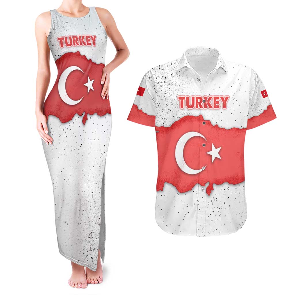 Turkey Flag Map Red and White Couples Matching Tank Maxi Dress and Hawaiian Shirt with National Symbol