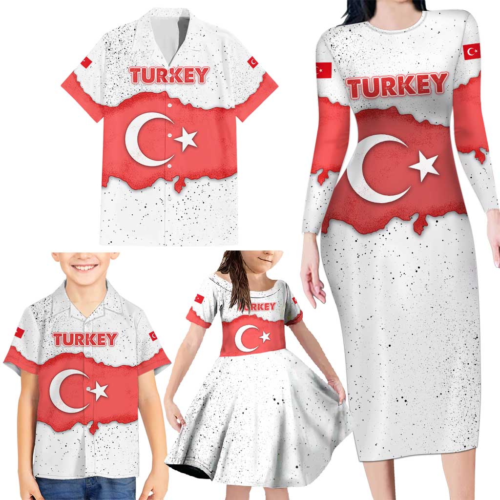 Turkey Flag Map Red and White Family Matching Long Sleeve Bodycon Dress and Hawaiian Shirt with National Symbol