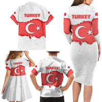 Turkey Flag Map Red and White Family Matching Long Sleeve Bodycon Dress and Hawaiian Shirt with National Symbol