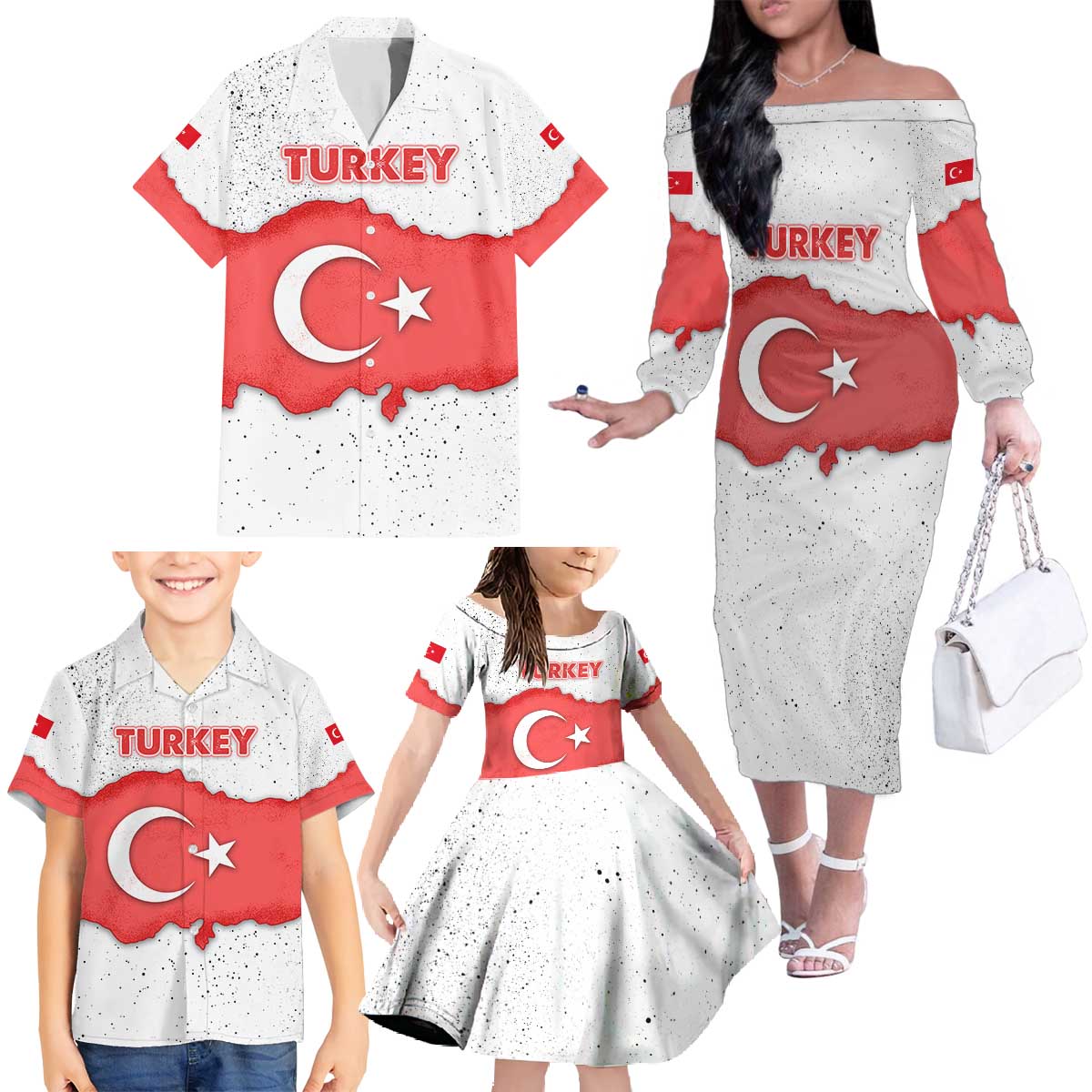 Turkey Flag Map Red and White Family Matching Off The Shoulder Long Sleeve Dress and Hawaiian Shirt with National Symbol
