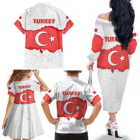 Turkey Flag Map Red and White Family Matching Off The Shoulder Long Sleeve Dress and Hawaiian Shirt with National Symbol
