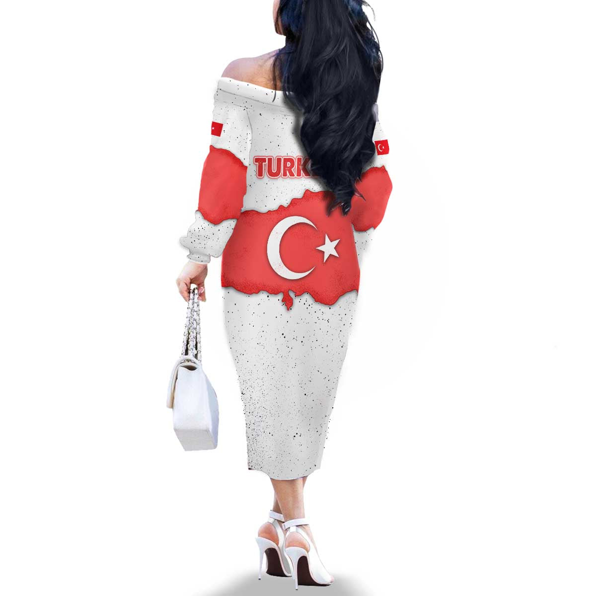 Turkey Flag Map Red and White Family Matching Off The Shoulder Long Sleeve Dress and Hawaiian Shirt with National Symbol