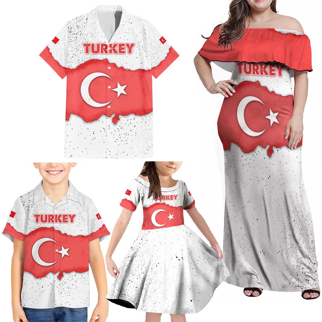 Turkey Flag Map Red and White Family Matching Off Shoulder Maxi Dress and Hawaiian Shirt with National Symbol