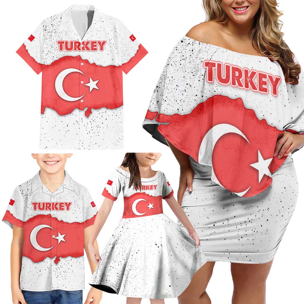 Turkey Flag Map Red and White Family Matching Off Shoulder Short Dress and Hawaiian Shirt with National Symbol