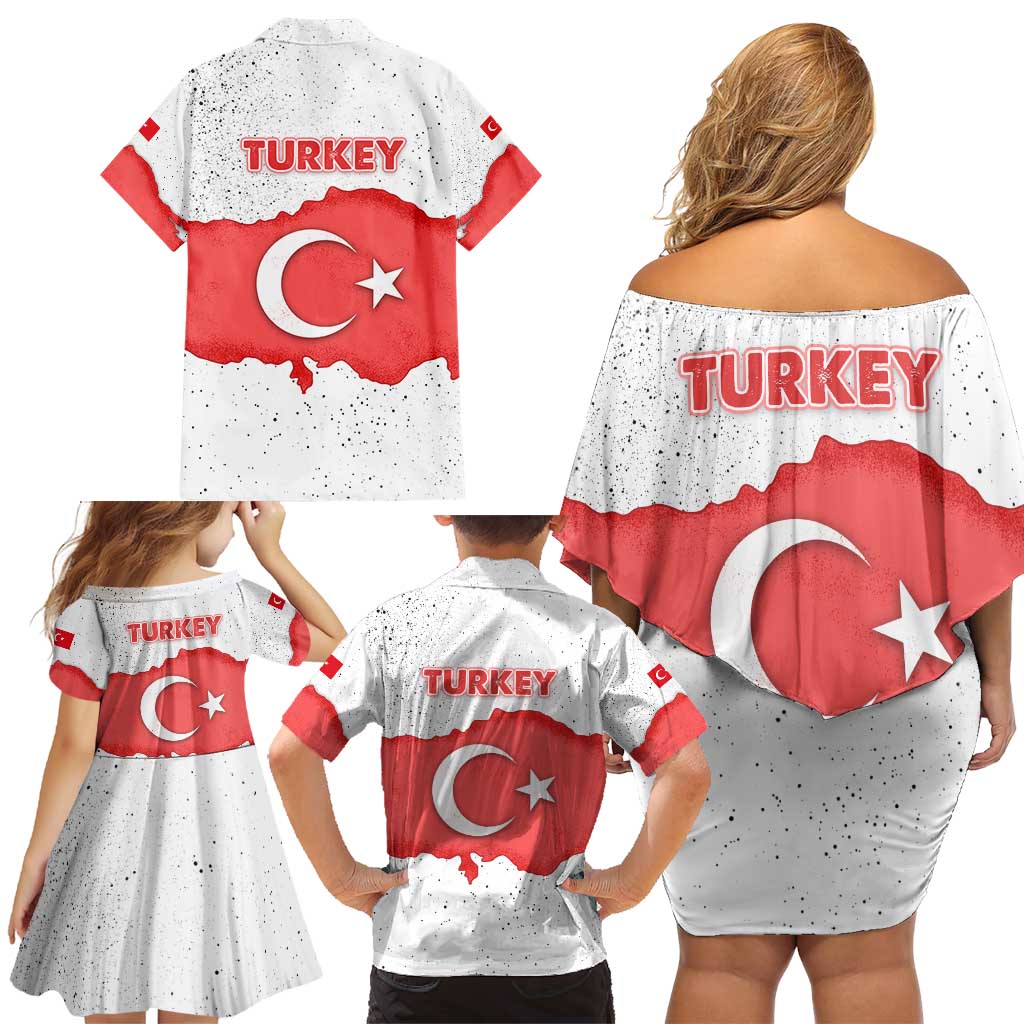 Turkey Flag Map Red and White Family Matching Off Shoulder Short Dress and Hawaiian Shirt with National Symbol