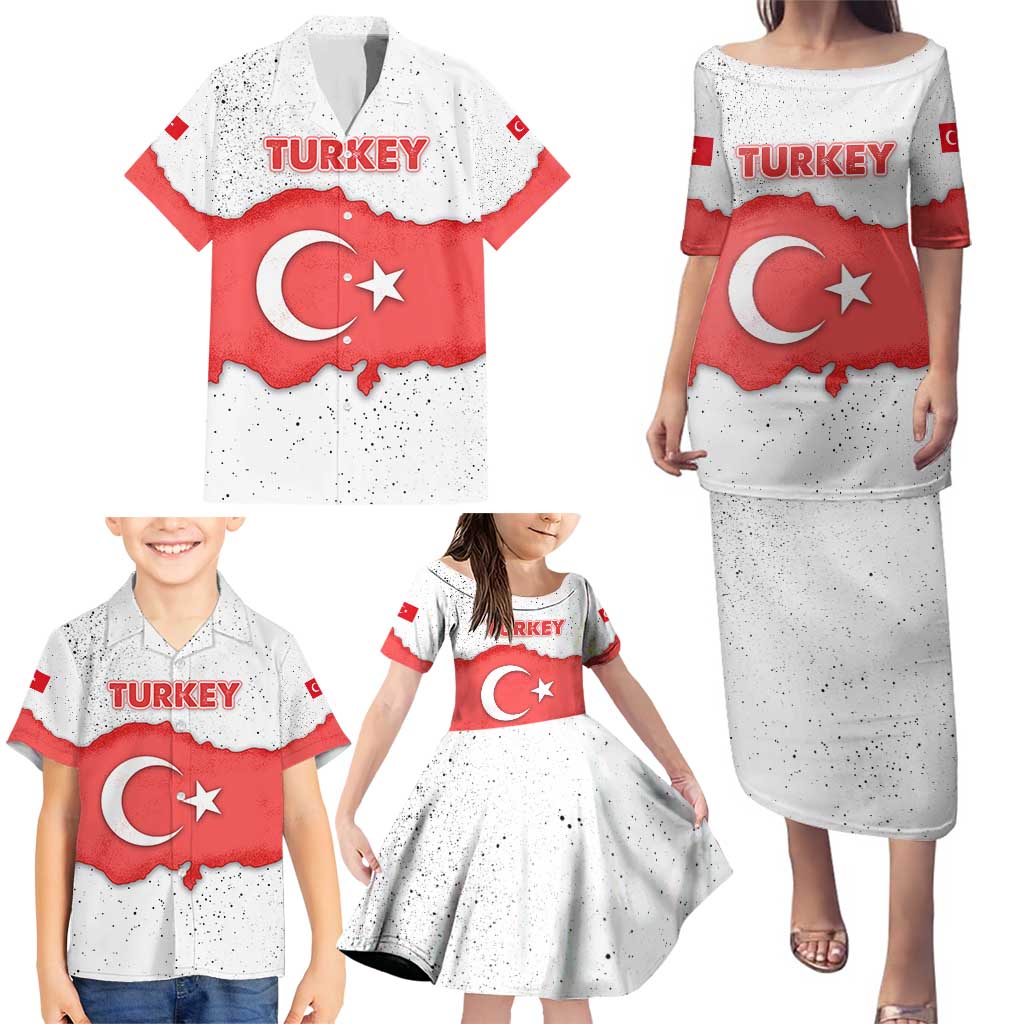 Turkey Flag Map Red and White Family Matching Puletasi and Hawaiian Shirt with National Symbol
