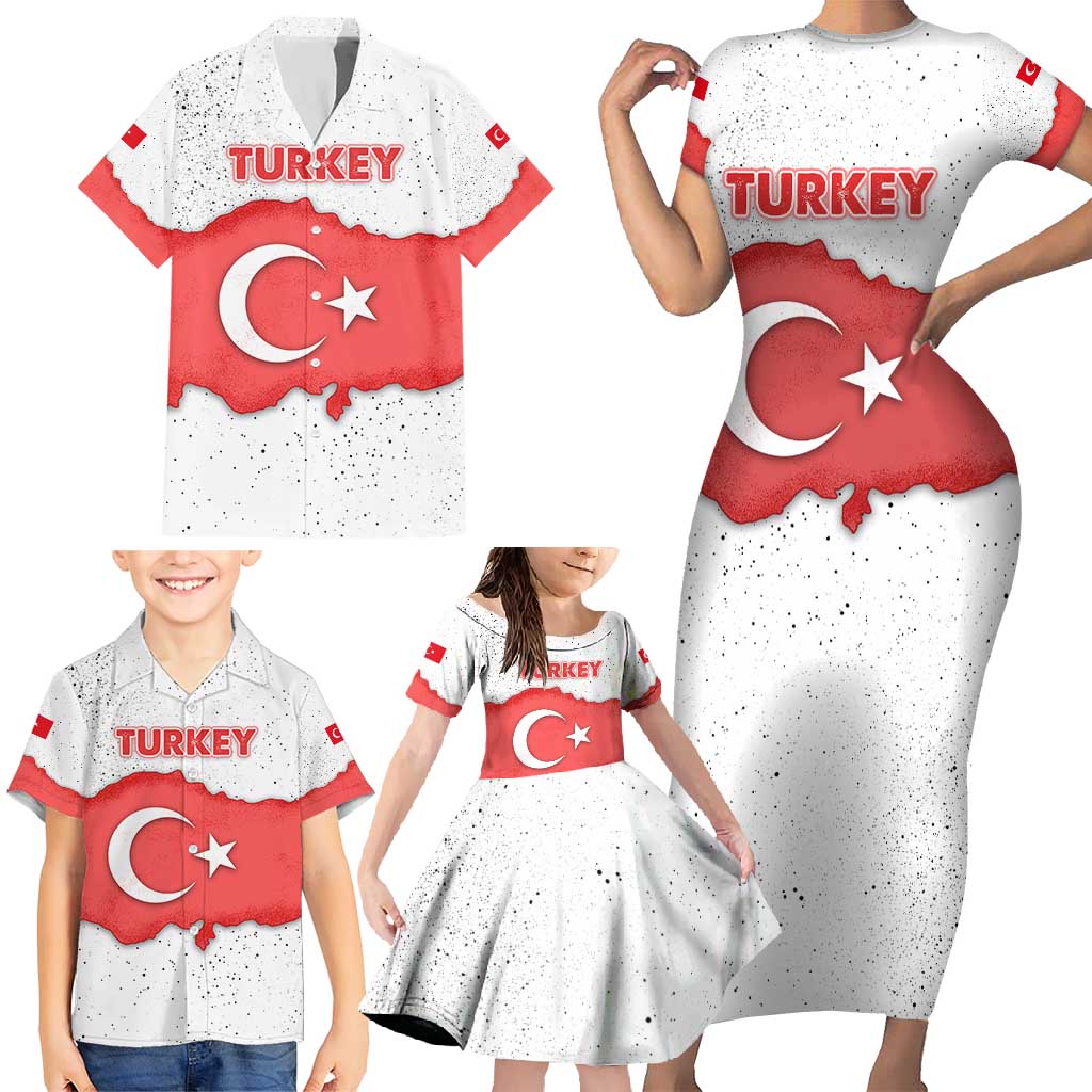 Turkey Flag Map Red and White Family Matching Short Sleeve Bodycon Dress and Hawaiian Shirt with National Symbol