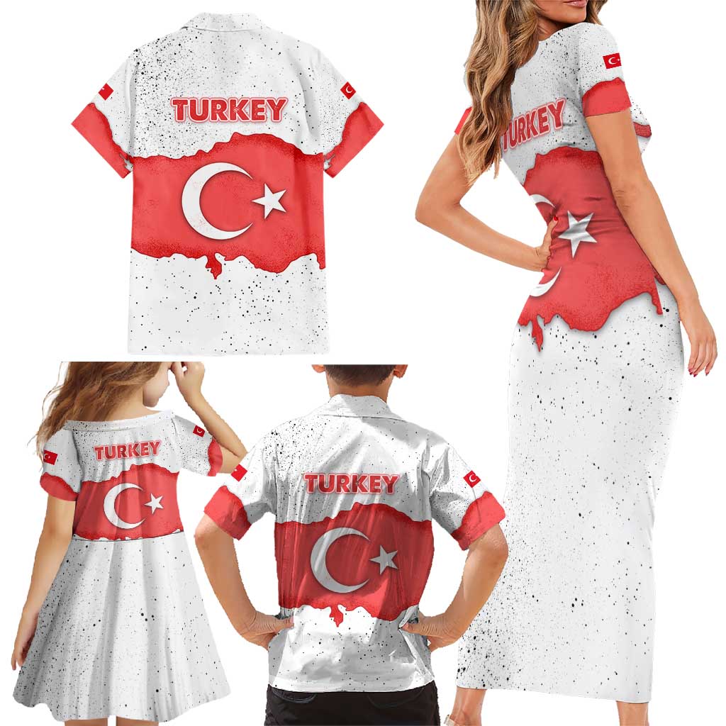 Turkey Flag Map Red and White Family Matching Short Sleeve Bodycon Dress and Hawaiian Shirt with National Symbol