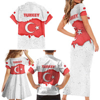 Turkey Flag Map Red and White Family Matching Short Sleeve Bodycon Dress and Hawaiian Shirt with National Symbol
