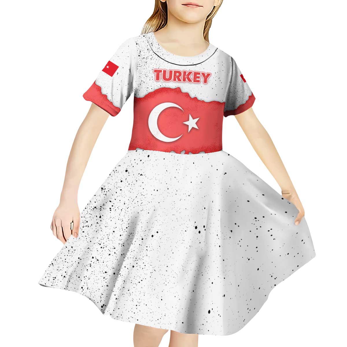 Turkey Flag Map Red and White Kid Short Sleeve Dress with National Symbol